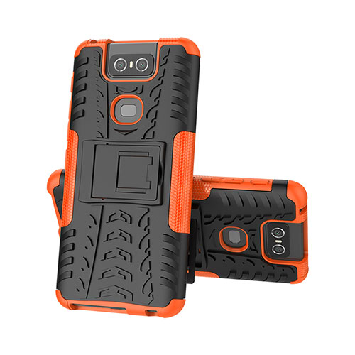 Silicone Matte Finish and Plastic Back Cover Case with Stand JX2 for Asus Zenfone 6 ZS630KL Orange