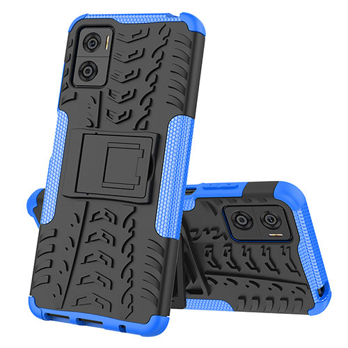 Silicone Matte Finish and Plastic Back Cover Case with Stand JX2 for Motorola Moto E22 Blue