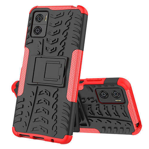 Silicone Matte Finish and Plastic Back Cover Case with Stand JX2 for Motorola Moto E22 Red