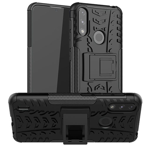 Silicone Matte Finish and Plastic Back Cover Case with Stand JX2 for Motorola Moto E7 Power Black