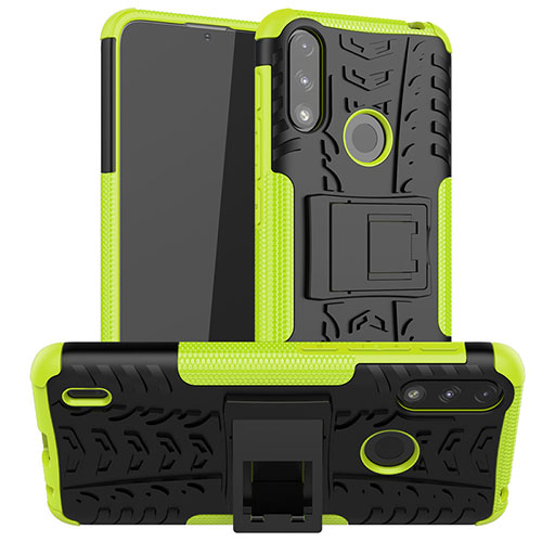 Silicone Matte Finish and Plastic Back Cover Case with Stand JX2 for Motorola Moto E7 Power Green