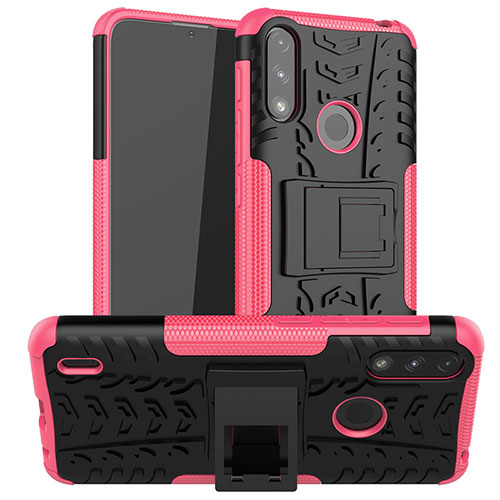 Silicone Matte Finish and Plastic Back Cover Case with Stand JX2 for Motorola Moto E7 Power Hot Pink