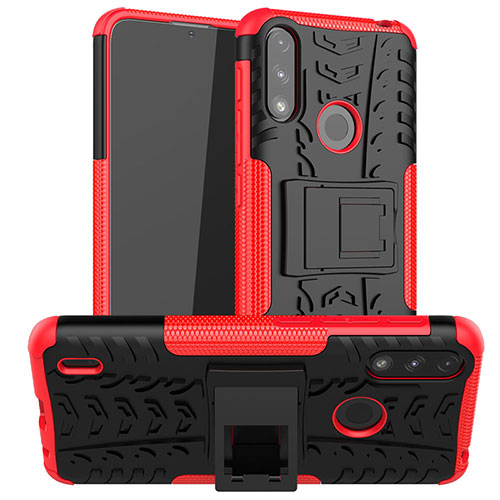 Silicone Matte Finish and Plastic Back Cover Case with Stand JX2 for Motorola Moto E7 Power Red