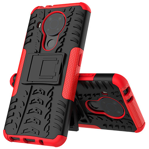 Silicone Matte Finish and Plastic Back Cover Case with Stand JX2 for Nokia 5.4 Red