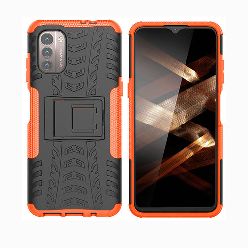 Silicone Matte Finish and Plastic Back Cover Case with Stand JX2 for Nokia G11 Orange