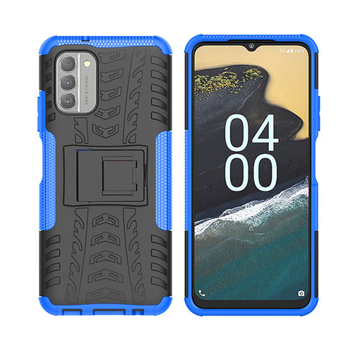 Silicone Matte Finish and Plastic Back Cover Case with Stand JX2 for Nokia G400 5G Blue