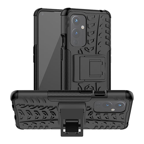 Silicone Matte Finish and Plastic Back Cover Case with Stand JX2 for OnePlus 9 5G Black