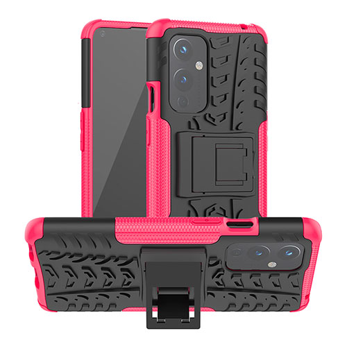 Silicone Matte Finish and Plastic Back Cover Case with Stand JX2 for OnePlus 9 5G Hot Pink