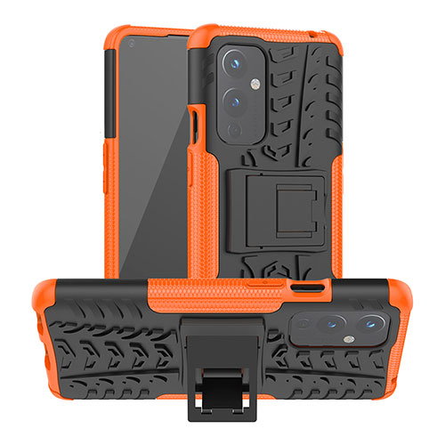 Silicone Matte Finish and Plastic Back Cover Case with Stand JX2 for OnePlus 9 5G Orange