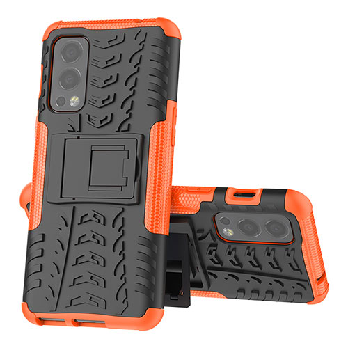 Silicone Matte Finish and Plastic Back Cover Case with Stand JX2 for OnePlus Nord 2 5G Orange