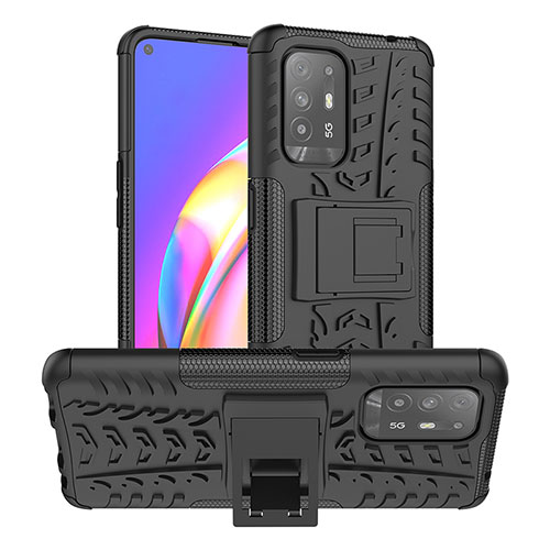 Silicone Matte Finish and Plastic Back Cover Case with Stand JX2 for Oppo Reno5 Z 5G Black