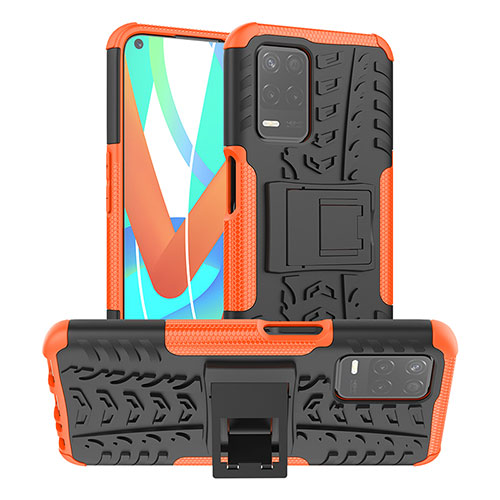 Silicone Matte Finish and Plastic Back Cover Case with Stand JX2 for Realme 9 5G India Orange