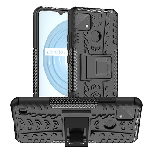 Silicone Matte Finish and Plastic Back Cover Case with Stand JX2 for Realme C25Y India Black