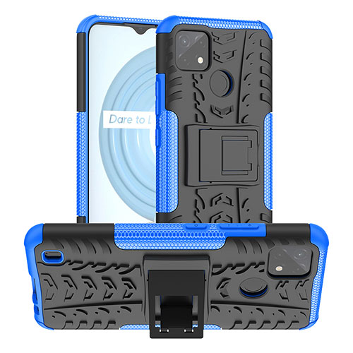 Silicone Matte Finish and Plastic Back Cover Case with Stand JX2 for Realme C25Y India Blue