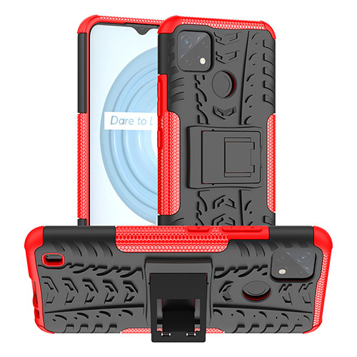 Silicone Matte Finish and Plastic Back Cover Case with Stand JX2 for Realme C25Y Red