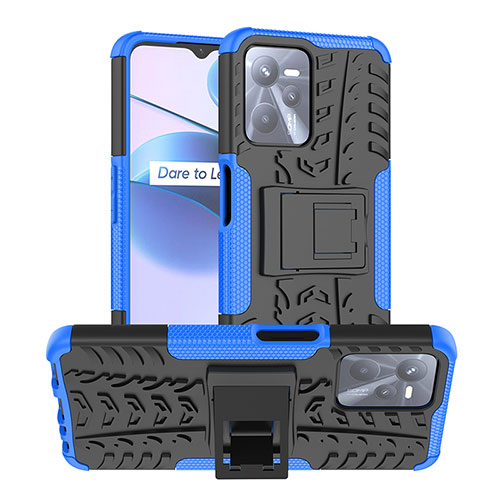 Silicone Matte Finish and Plastic Back Cover Case with Stand JX2 for Realme C35 Blue