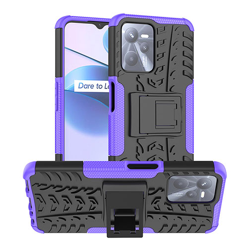 Silicone Matte Finish and Plastic Back Cover Case with Stand JX2 for Realme C35 Purple