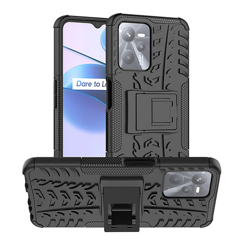 Silicone Matte Finish and Plastic Back Cover Case with Stand JX2 for Realme Narzo 50A Prime Black