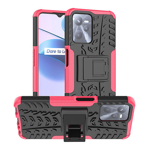 Silicone Matte Finish and Plastic Back Cover Case with Stand JX2 for Realme Narzo 50A Prime Hot Pink