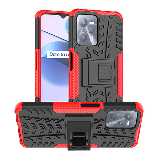 Silicone Matte Finish and Plastic Back Cover Case with Stand JX2 for Realme Narzo 50A Prime Red