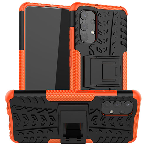 Silicone Matte Finish and Plastic Back Cover Case with Stand JX2 for Samsung Galaxy A32 5G Orange