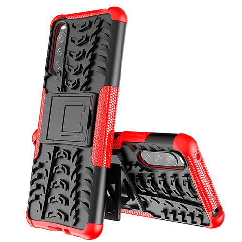 Silicone Matte Finish and Plastic Back Cover Case with Stand JX2 for Sony Xperia 10 III Lite Red