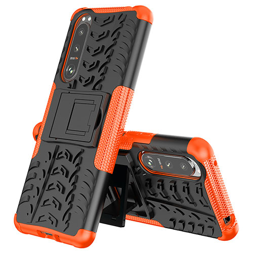 Silicone Matte Finish and Plastic Back Cover Case with Stand JX2 for Sony Xperia 5 III SO-53B Orange