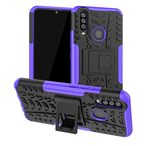 Silicone Matte Finish and Plastic Back Cover Case with Stand JX2 for Vivo Y15 Purple