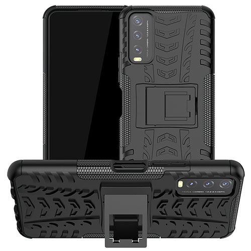 Silicone Matte Finish and Plastic Back Cover Case with Stand JX2 for Vivo Y20 (2021) Black