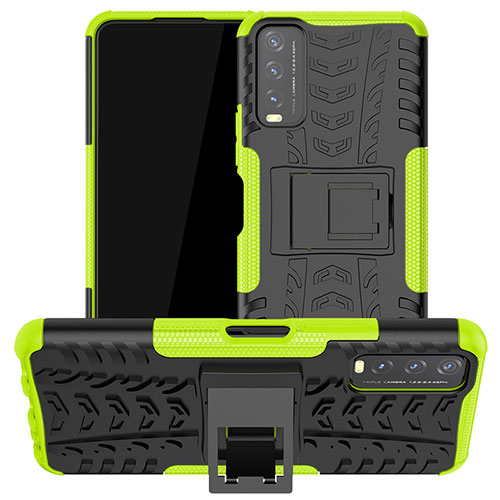 Silicone Matte Finish and Plastic Back Cover Case with Stand JX2 for Vivo Y20 (2021) Green