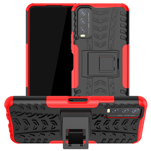 Silicone Matte Finish and Plastic Back Cover Case with Stand JX2 for Vivo Y20T Red