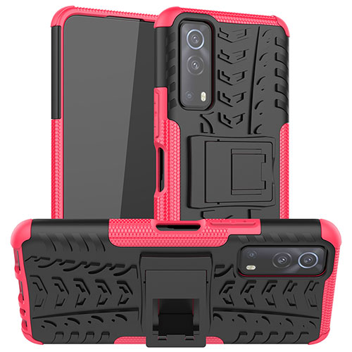 Silicone Matte Finish and Plastic Back Cover Case with Stand JX2 for Vivo Y72 5G Hot Pink