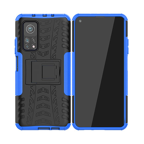 Silicone Matte Finish and Plastic Back Cover Case with Stand JX2 for Xiaomi Mi 10T 5G Blue