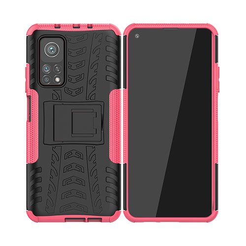 Silicone Matte Finish and Plastic Back Cover Case with Stand JX2 for Xiaomi Mi 10T 5G Hot Pink