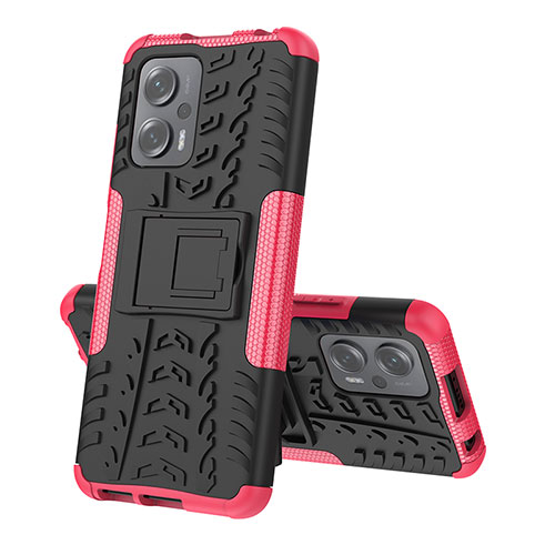 Silicone Matte Finish and Plastic Back Cover Case with Stand JX2 for Xiaomi Poco X4 GT 5G Hot Pink