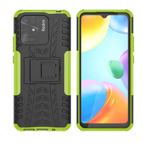 Silicone Matte Finish and Plastic Back Cover Case with Stand JX2 for Xiaomi Redmi 10 India Green
