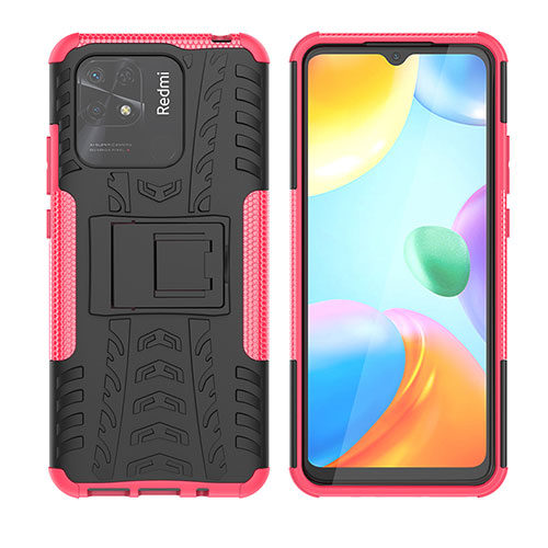 Silicone Matte Finish and Plastic Back Cover Case with Stand JX2 for Xiaomi Redmi 10 India Hot Pink