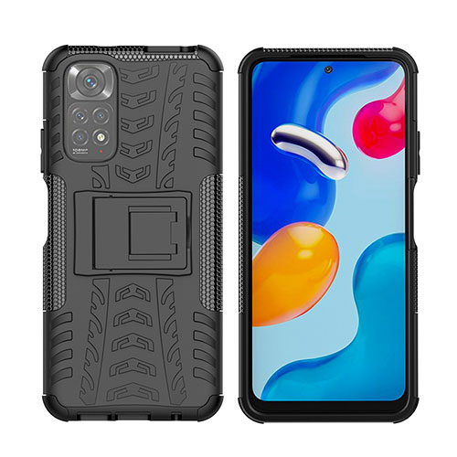 Silicone Matte Finish and Plastic Back Cover Case with Stand JX2 for Xiaomi Redmi Note 11 4G (2022) Black