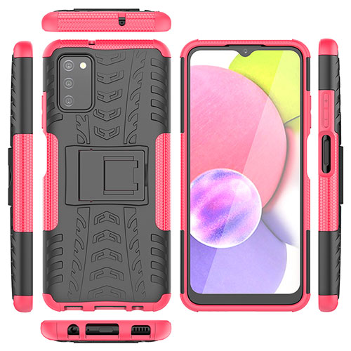 Silicone Matte Finish and Plastic Back Cover Case with Stand JX5 for Samsung Galaxy A03s Hot Pink