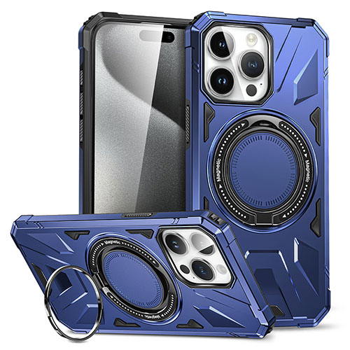 Silicone Matte Finish and Plastic Back Cover Case with Stand K02C for Apple iPhone 15 Pro Blue