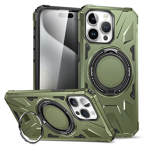 Silicone Matte Finish and Plastic Back Cover Case with Stand K02C for Apple iPhone 15 Pro Max Green