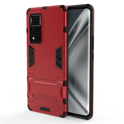 Silicone Matte Finish and Plastic Back Cover Case with Stand KC1 for Huawei Honor V40 5G Red