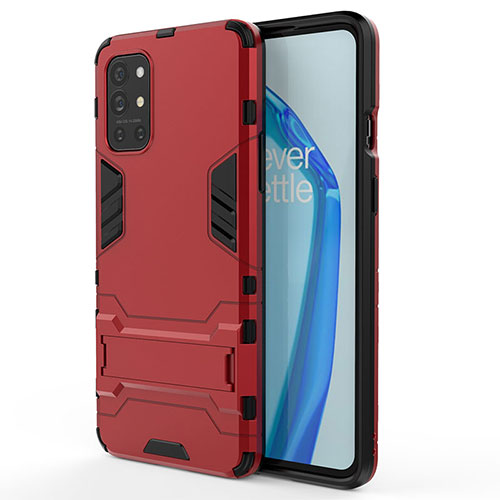 Silicone Matte Finish and Plastic Back Cover Case with Stand KC1 for OnePlus 9R 5G Red