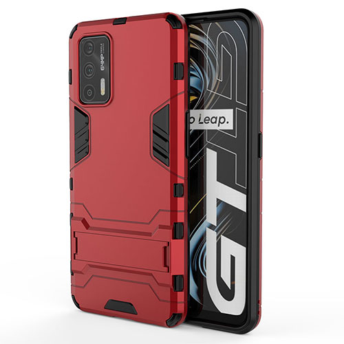 Silicone Matte Finish and Plastic Back Cover Case with Stand KC1 for Realme GT Neo 2T 5G Red