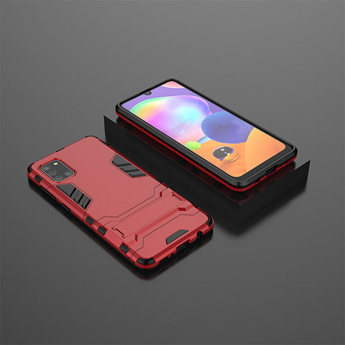 Silicone Matte Finish and Plastic Back Cover Case with Stand KC1 for Samsung Galaxy A31 Red