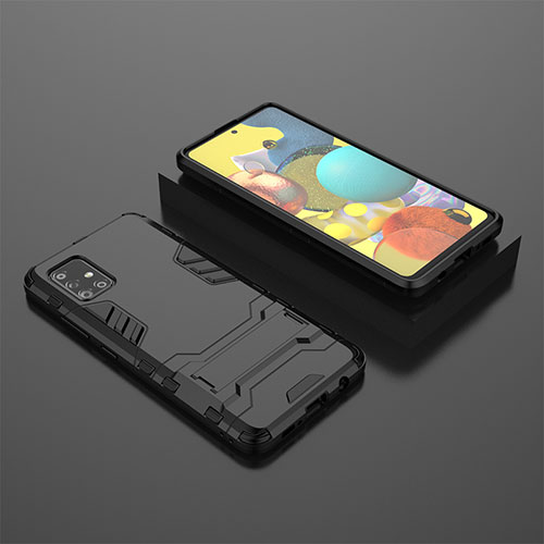 Silicone Matte Finish and Plastic Back Cover Case with Stand KC1 for Samsung Galaxy A51 4G Black