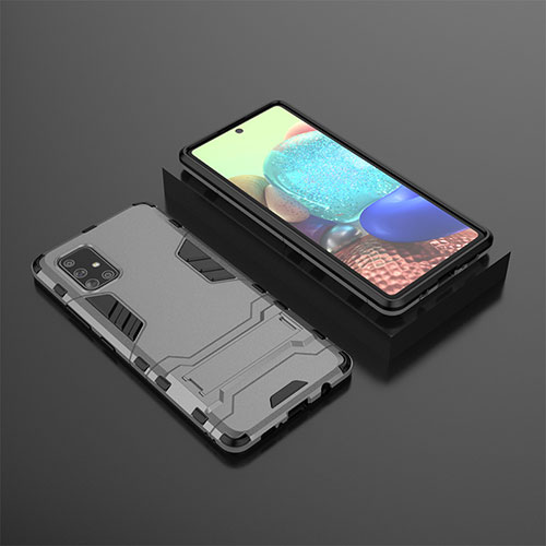 Silicone Matte Finish and Plastic Back Cover Case with Stand KC1 for Samsung Galaxy A71 4G A715 Gray