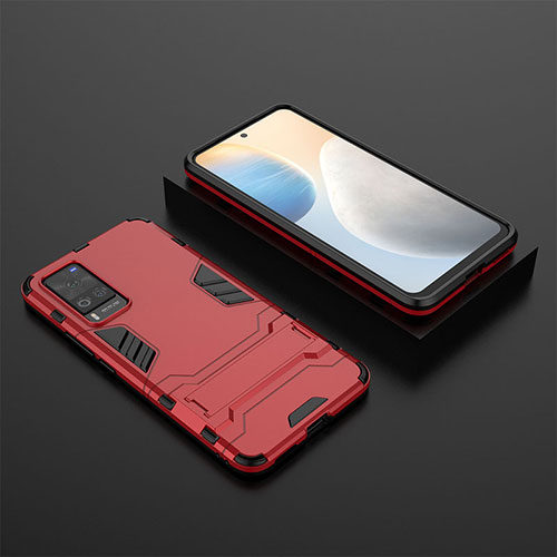 Silicone Matte Finish and Plastic Back Cover Case with Stand KC1 for Vivo X60 Pro 5G Red