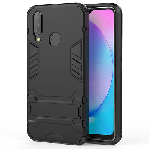 Silicone Matte Finish and Plastic Back Cover Case with Stand KC1 for Vivo Y15 Black