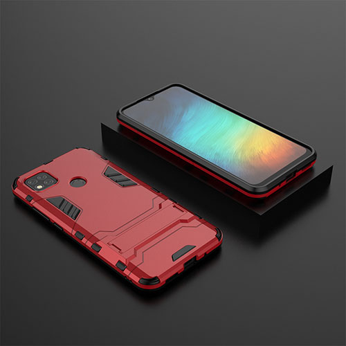 Silicone Matte Finish and Plastic Back Cover Case with Stand KC1 for Xiaomi POCO C3 Red